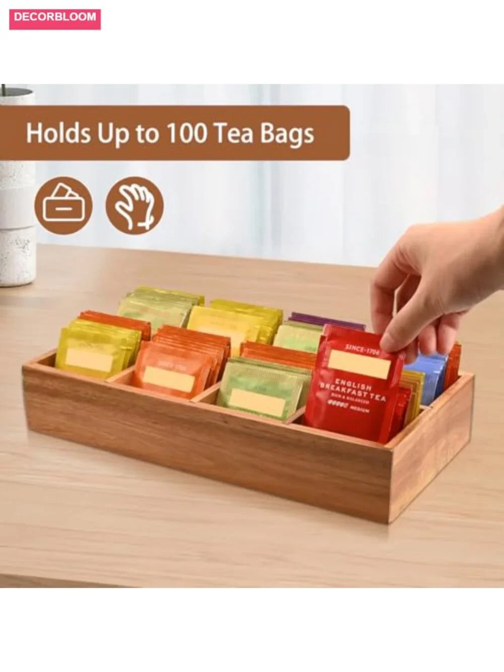Acacia Wood Tea Bag Organizer with 8 Slots – Tea Bag Holder and Storage for